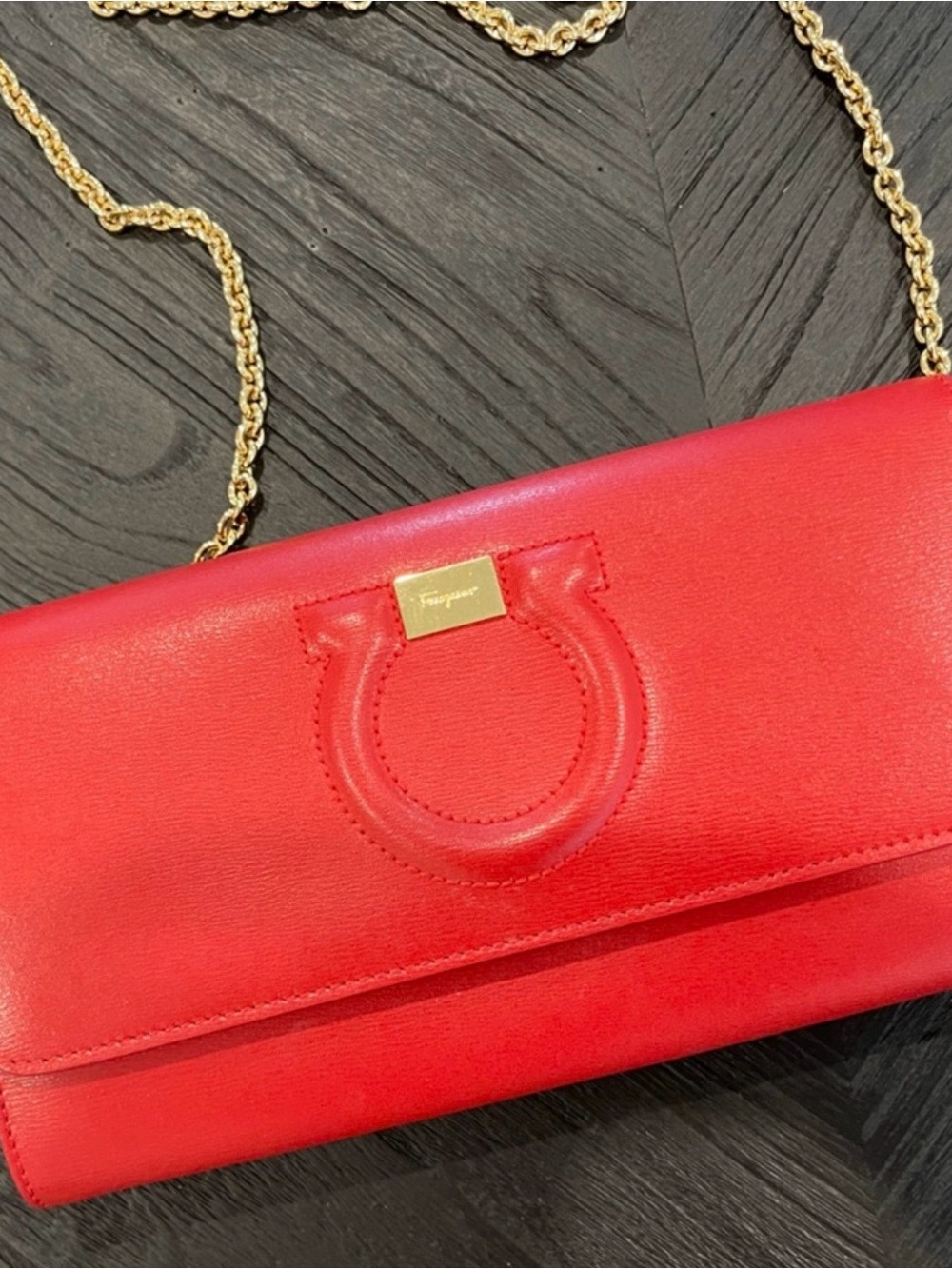 Salvatore Ferragamo Red Leather Flap Clutch with Gold Chain